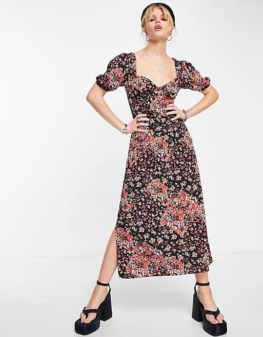 Topshop + Mix And Match Floral Spot Puff Sleeve Midi Dress In Multi