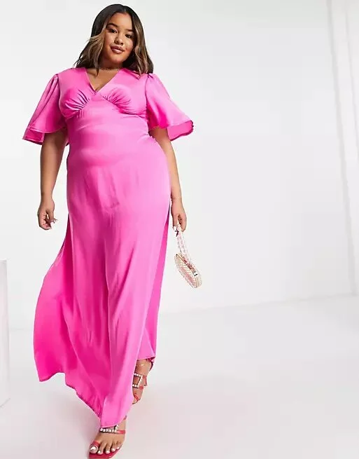 Flounce London Plus + Flutter Sleeve Maxi Dress With Plunge Front In Hot  Pink Satin