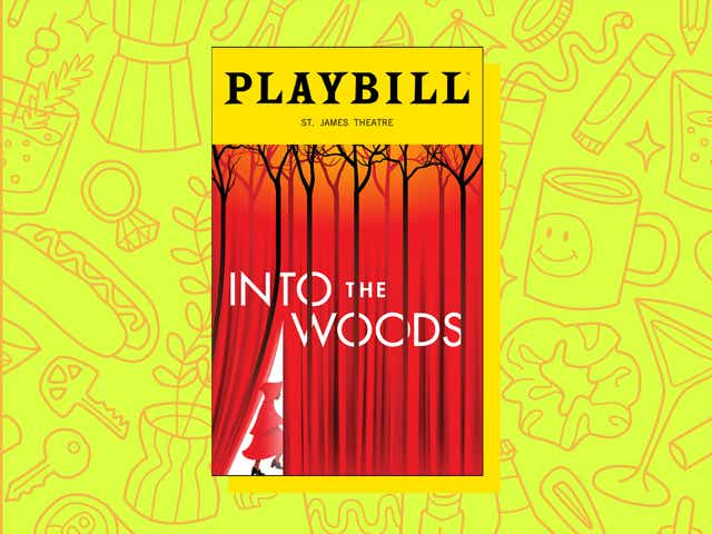 a red playbill that reads "Into The Woods" over a yellow background with orange line drawings of various objects Money Diarists purchase.