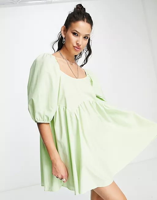 ASOS DESIGN + Cotton jumbo scallop puff sleeve smock dress in apple