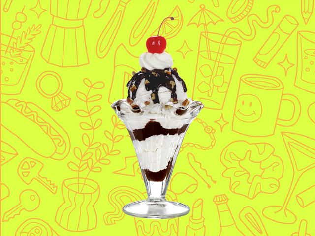 an ice cream sundae over a yellow background with orange line drawings of various objects Money Diarists purchase.