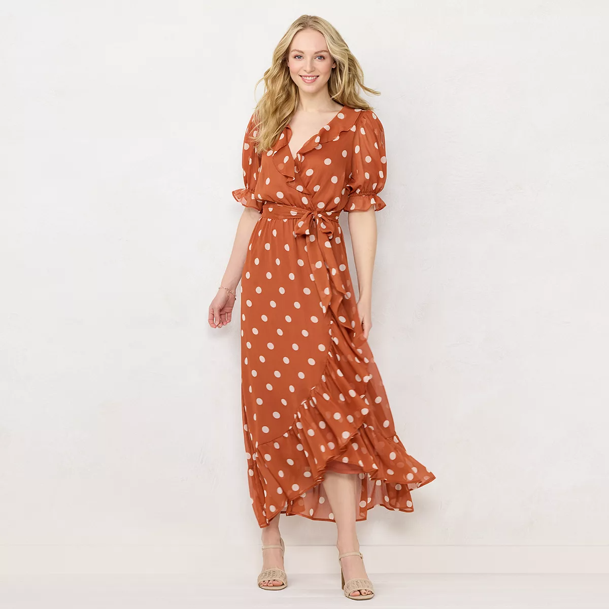 LC Lauren Conrad + Polka-Dot Ruffle Faux-Wrap Dress