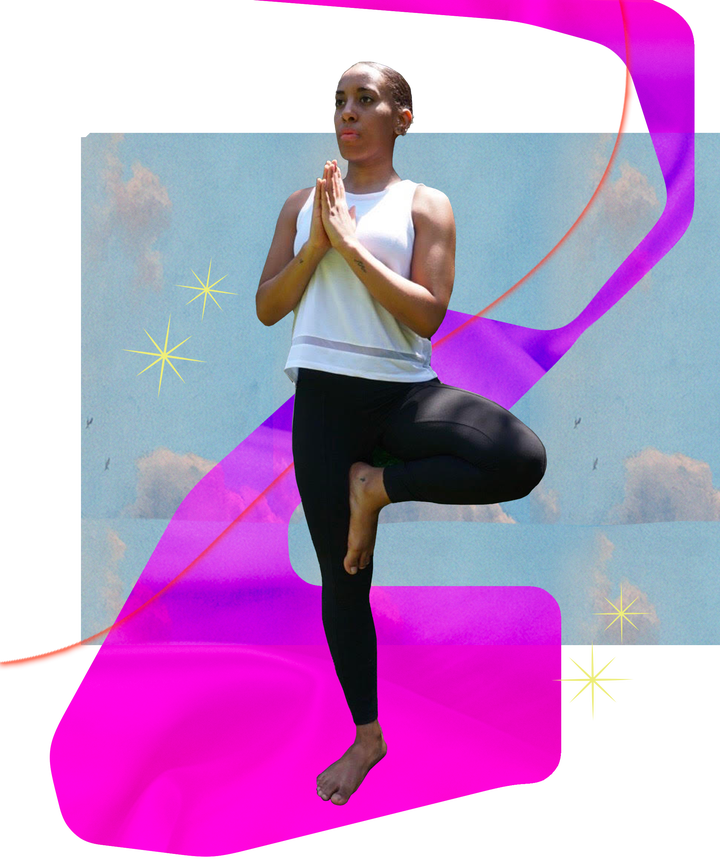 Imagem de colagem de Samantha na imagem do céu e gradiente de cor azul e rosa. Crédito da foto @loftyheightswellness