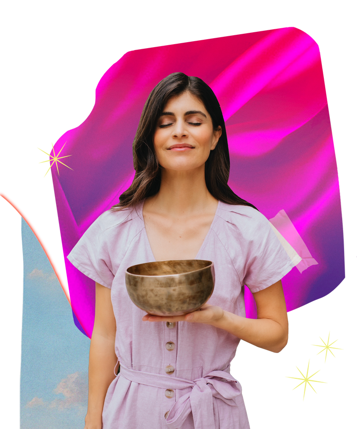 Imagem de colagem de Ana Lilia sobre imagem de céu e gradiente de cor azul e rosa