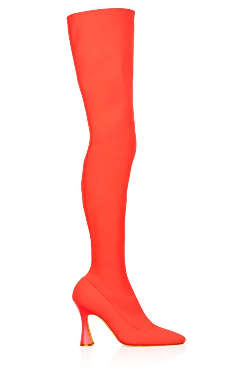 a red over-the-knee boot by brother vellies