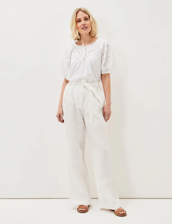 Pure linen wide hot sale leg trousers