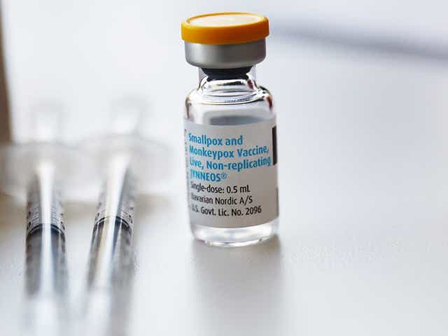 WEST HOLLYWOOD, CALIFORNIA - AUGUST 03: A vial of the Jynneos monkeypox vaccine sits on a table at a pop-up vaccination clinic which opened today by the Los Angeles County Department of Public Health at the West Hollywood Library on August 3, 2022 in West Hollywood, California. California Governor Gavin Newsom declared a state of emergency on August 1st over the monkeypox outbreak which continues to grow globally. (Photo by Mario Tama/Getty Images)