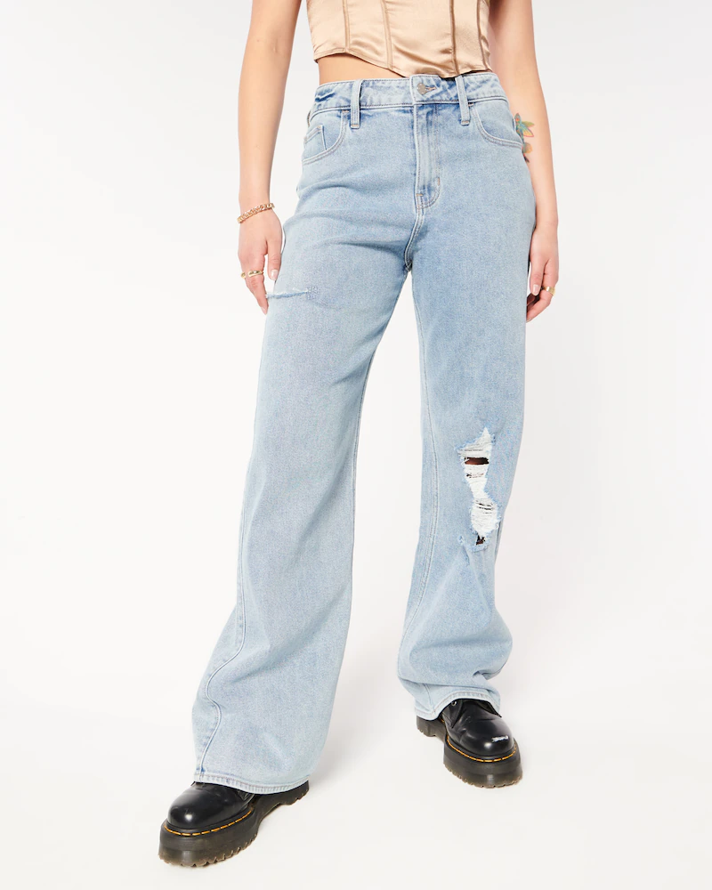 Hollister + High-Rise Ripped Light Wash Baggy Jeans
