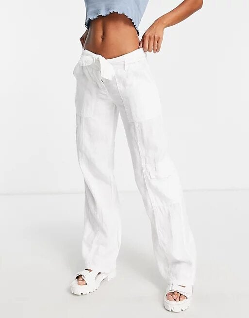 Topshop + Linen Tie Waist Mid Rise Straight Leg Trouser In White