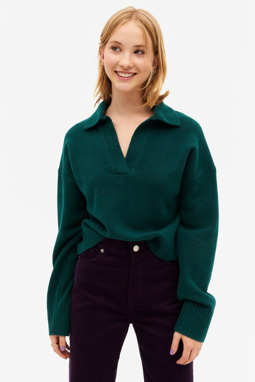 Monki + Dark green soft knit polo top