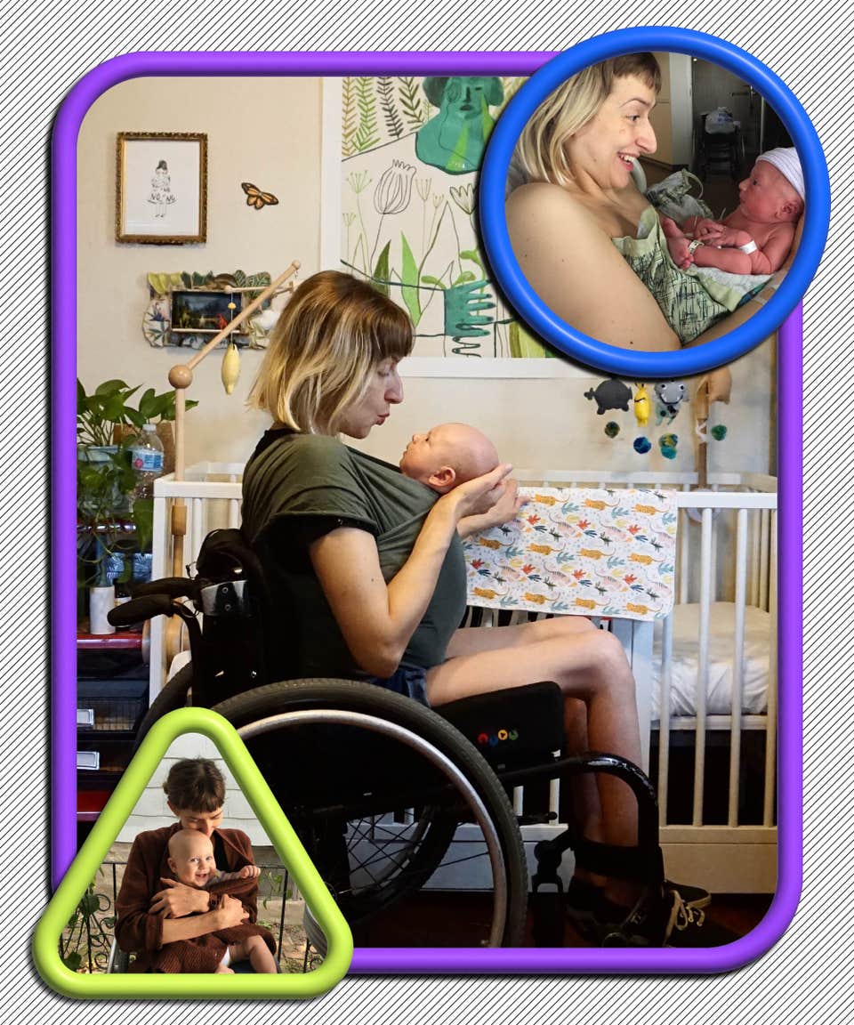 Lead: A collage of nine images is shown, displaying Rebekah, Otto, and dad and partner Micah. From left to right: The first image is of Rebekah, a white woman, and she's sitting in her wheelchair holding her pregnant belly, which is visible because her shirt is folded above her bump. She's wearing a white shirt and black pants, and sitting in front of a wide bookshelf filled with books. The entire image is framed in yellow. Second image: Rebekah is holding Otto in her arms, her face is down and her brown hair is mostly visible. He is smiling and has one arm up above hers. Third image: Taken in a grocery store with Rebekah and Otto's backs toward the camera, he is walking beside her and she's in a wheelchair, and they are holding hands. Otto is wearing a teal sweatshirt with the hood on and rain boots, Rebekah is wearing a black sweater and a crossbody bag. The entire image is framed in red. Fourth image: Rebekah is sitting in her wheelchair with very new baby Otto swaddled in her arms. They are seated in front of his white crib, which is next to a brown piano, a green filing cabinet, and a smaller red-shelved stand nearest the door. There's art on the walls, a mobile above the crib, and plants. The entire image is framed in purple. Fifth image: Rebekah is wearing a black top with white detailing and black pants, and she's sitting in her wheelchair behind Otto. She's leaning toward him and smiling. He's standing and wearing overalls. They're outside on a porch, with white siding behind them. The entire image is framed in green. Sixth image: A selfie of Rebekah, Otto, and Micah, and they're all smiling. Rebekah's wearing a red sweater, Micah is wearing a black one, and Otto is showing off his budding set of little baby teeth. The entire photo is framed in blue. Seventh image: Rebekah is seated in her wheelchair wearing a teal sweater, holding up Otto on her lap. He is wearing a gray top, gray jeans, green shoes, and a rainbow-striped beanie, and his face is obscured because he's trying to get the attention of an animal on the other side of a fence. Rebekah is smiling as she watches. The entire photo is framed in red. Eighth image: Rebekah is wearing a light green face mask, a dark green sweater, and blue jeans. She has Otto sitting on her lap, and he's strapped to her. She's moving down a ramp in her wheelchair, and the metal bars on the ramp are slightly blurred because of the motion. The entire image is framed in purple.