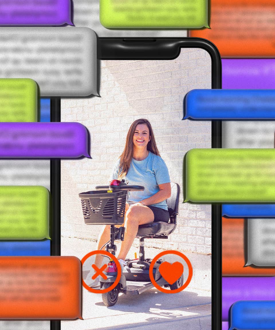 Chelsea is a white woman with brown eyes and brown hair, which is down and long. She is sitting in a black motorized scooter with a matching basket in the front, and wearing a blue t-shirt, black shorts, and white tennis shoes. She is smiling directly into the camera in front of a white brick wall. This image is illustrated into the face of a black-rimmed smartphone, and there is a heart symbol and an x mark in red beneath her photo. Text bubbles surround this image of her, in bright colors of red, purple, green, blue, and gray. The black text inside the bubbles is blurred.