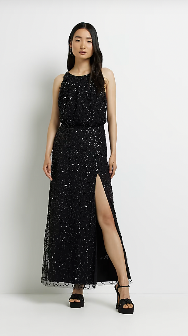 River Island + Black Sequin Halter Neck Maxi Dress