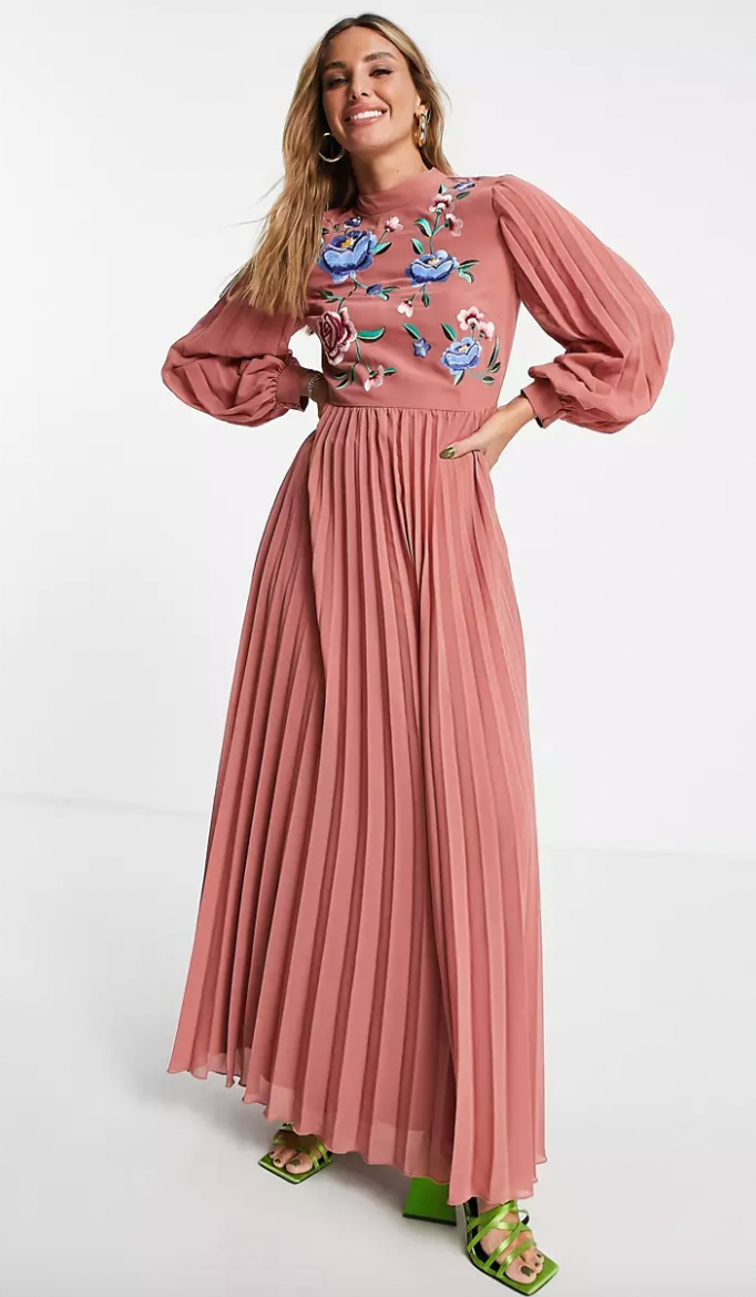 ASOS DESIGN High Neck Pleated Long Sleeve Skater Maxi Dress
