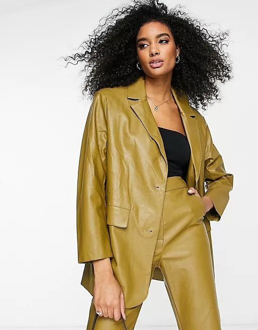 ASOS DESIGN + Leather Look Suit Blazer In Green