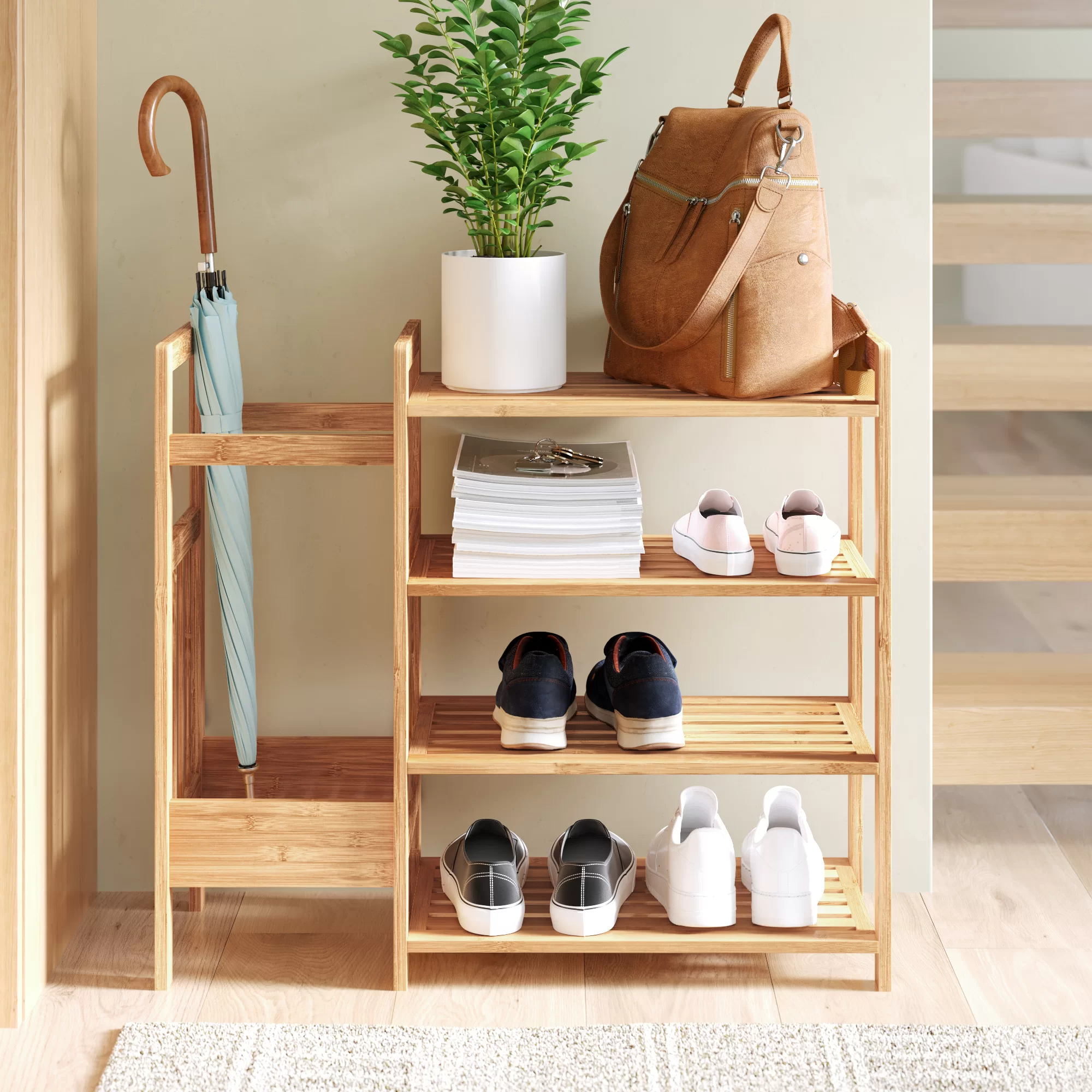 Costway 4-tier Bamboo Shoe Rack Entryway Organizer W/umbrella Holder &  Shelves : Target