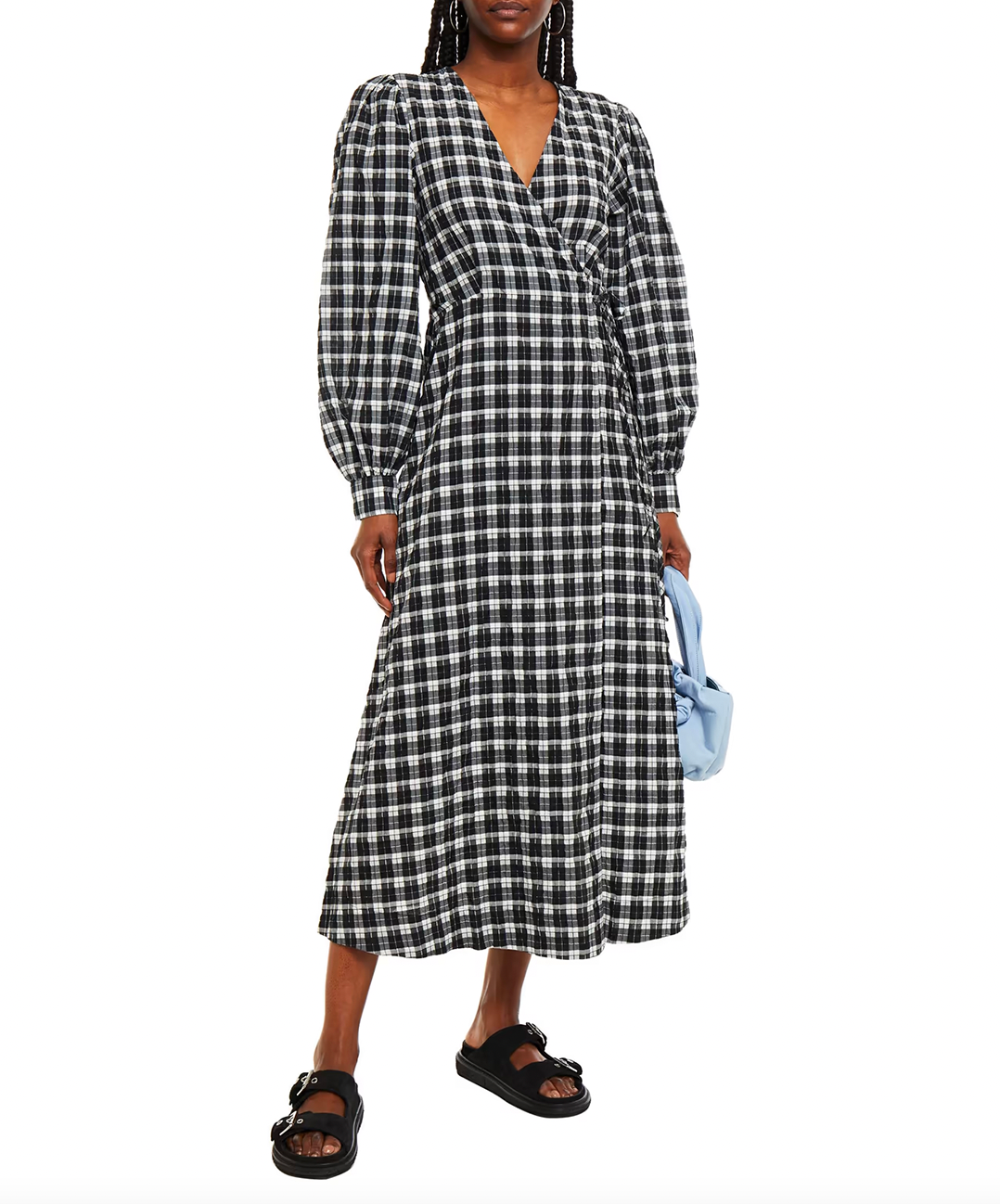Ganni + Checked Cotton-Blend Seersucker Midi Wrap Dress