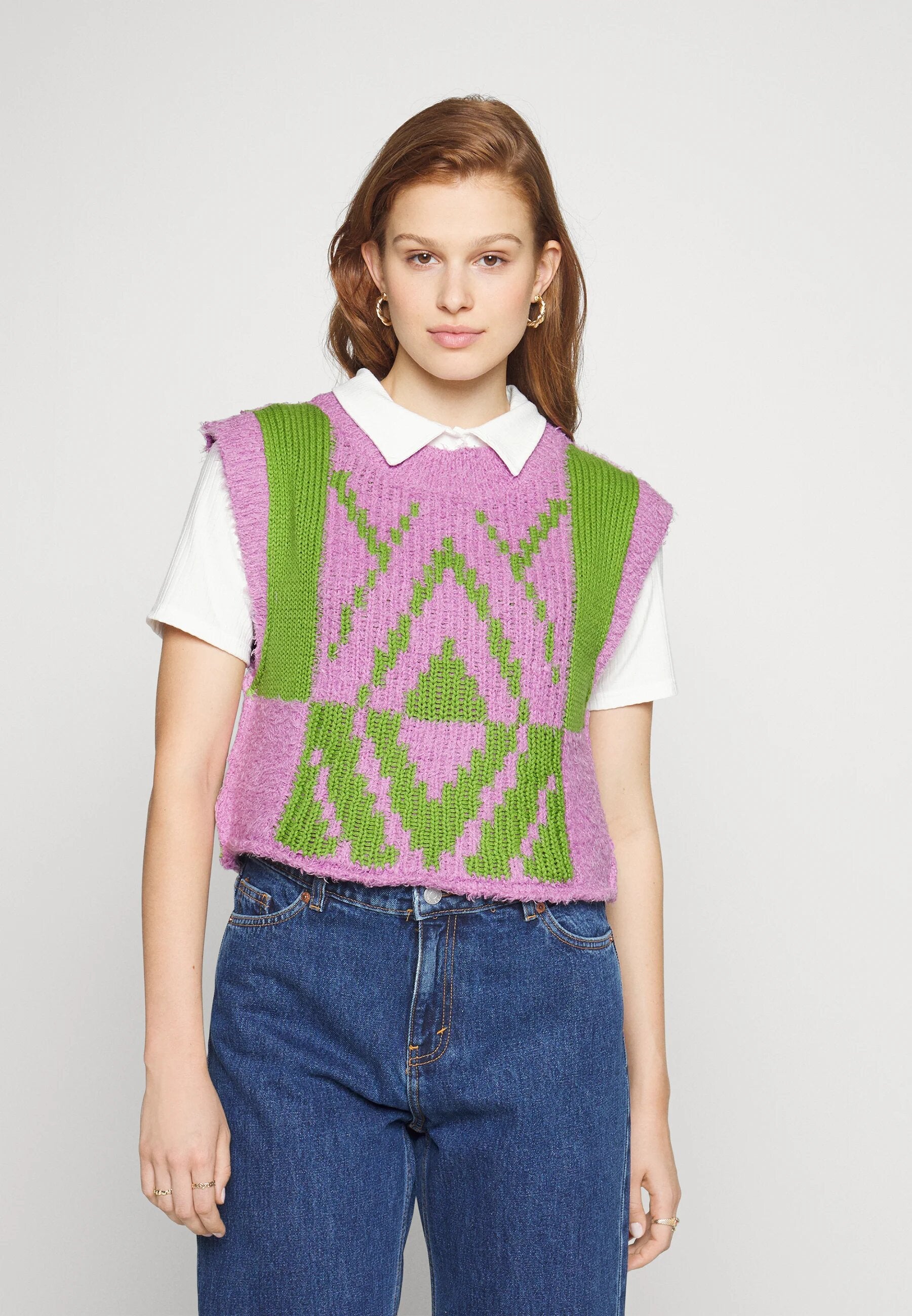 Free People + Diamond Intarsia Knitted Vest In Pink And Green
