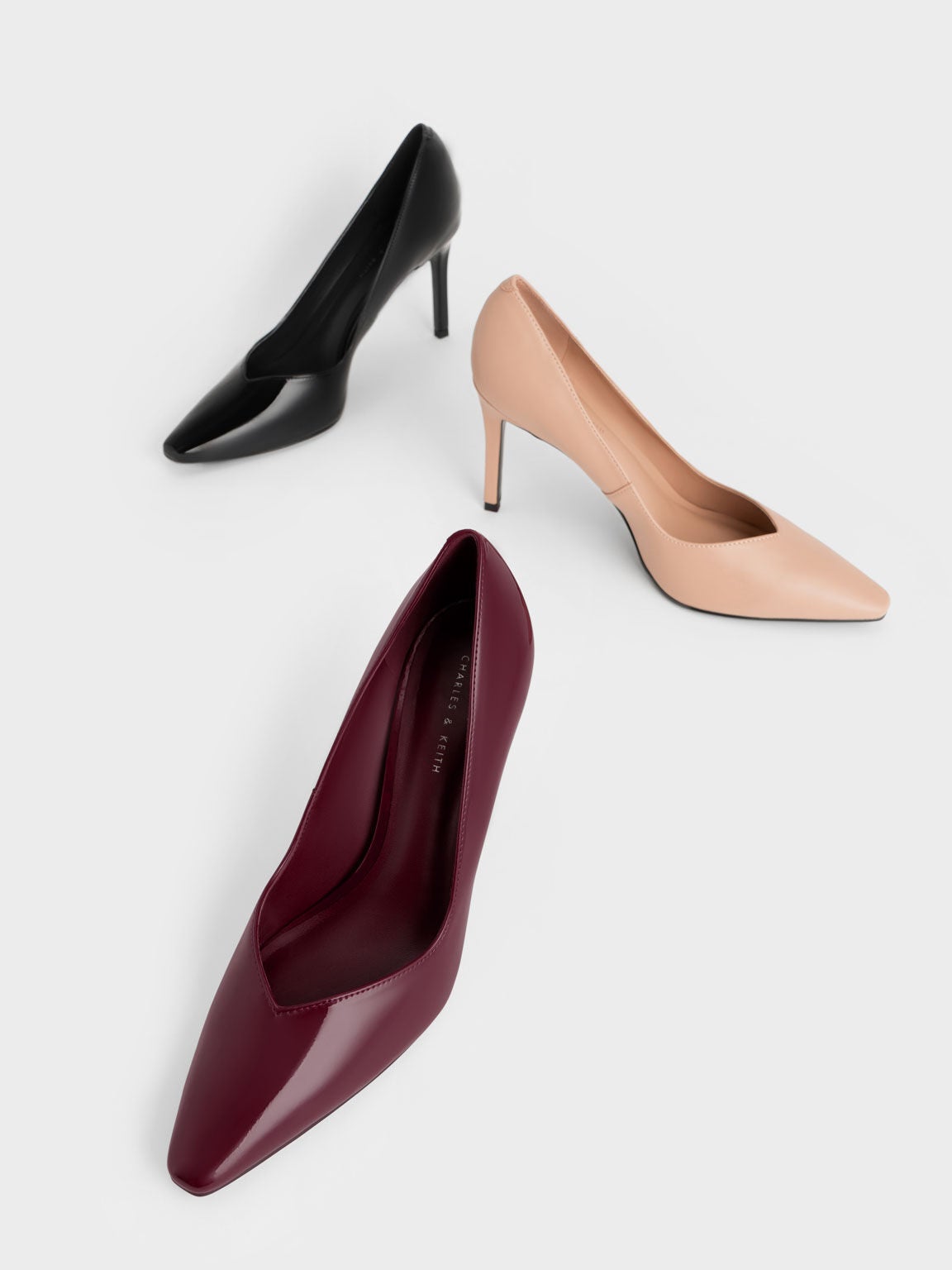 Charles & Keith + Burgundy Patent Tapered Square-Toe Pumps