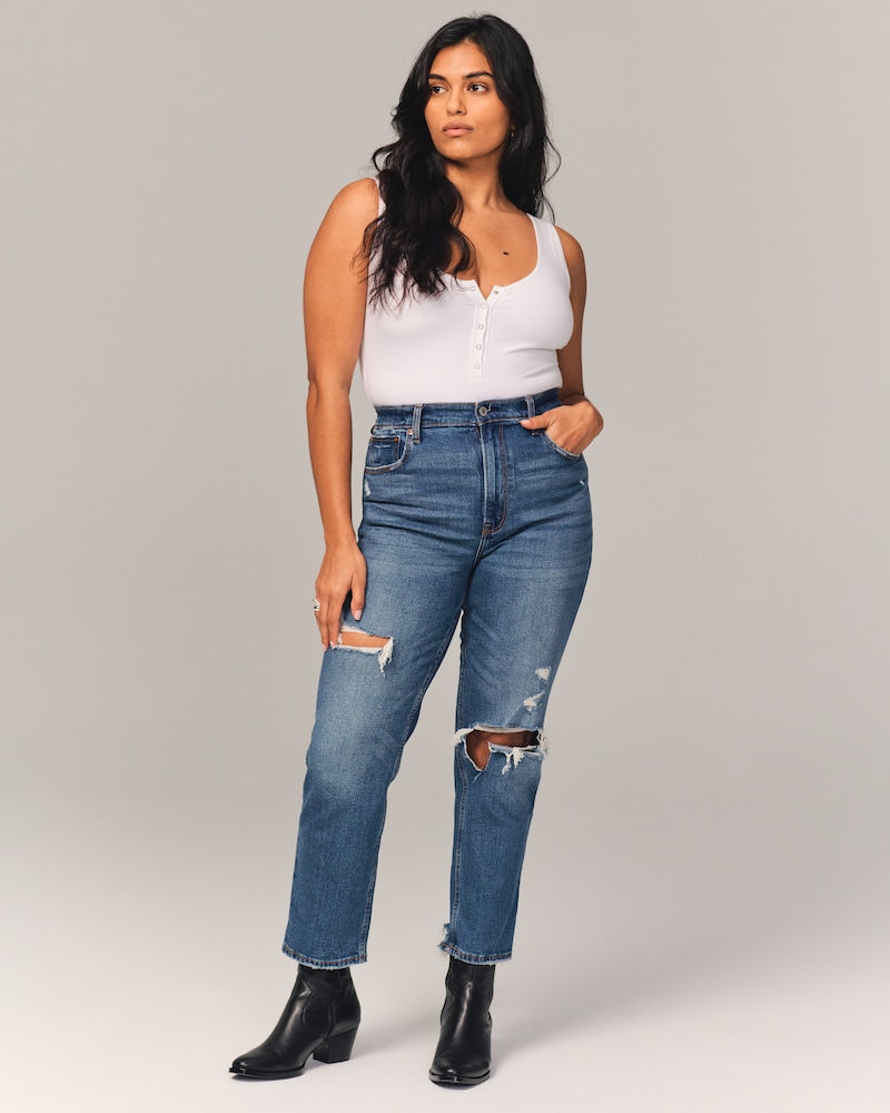 Abercrombie + Mixed Fabric Ultra High Rise Ankle Straight Jean