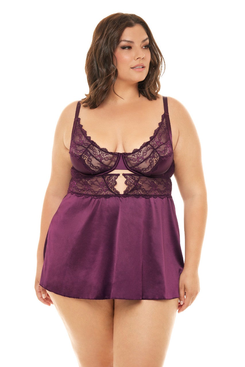 Oh La La Cheri Plus Size Underwire Lingerie Teddy With Floral Lace  Detailing And Trellis Mesh Paneling In Cherries Jubilee