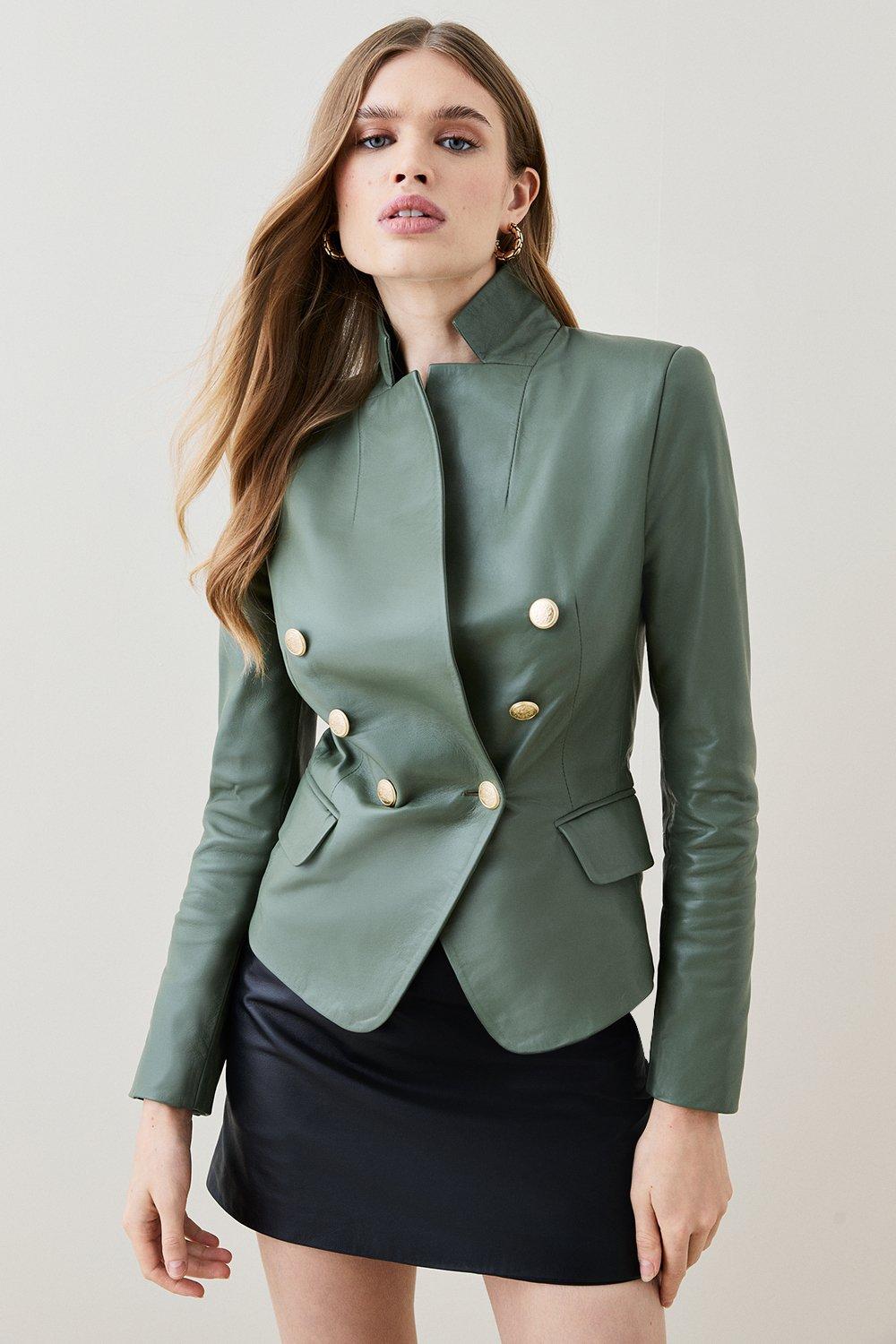 Karen Millen + Leather Notch Neck Military Blazer