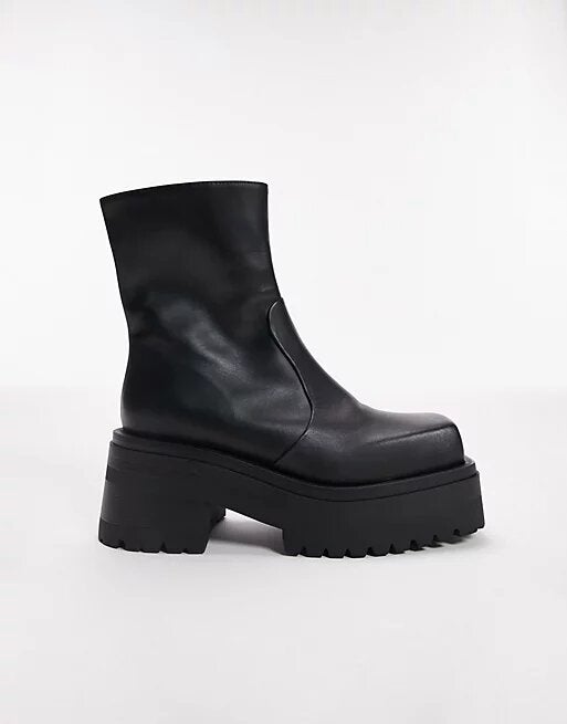 Topshop Beth Premium Leather Square Toe Ankle Boot In Black