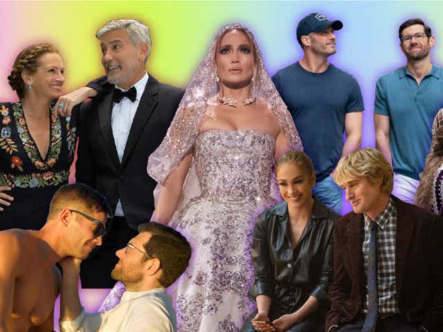 Photocollage of Julia Roberts and George Clooney in Ticket to Paradise, Jennifer Lopez and Owen Wilson in Marry Me, Billy Eichner and Luke Macfarlane in Bros, Kaitlyn Dever and in Rosaline