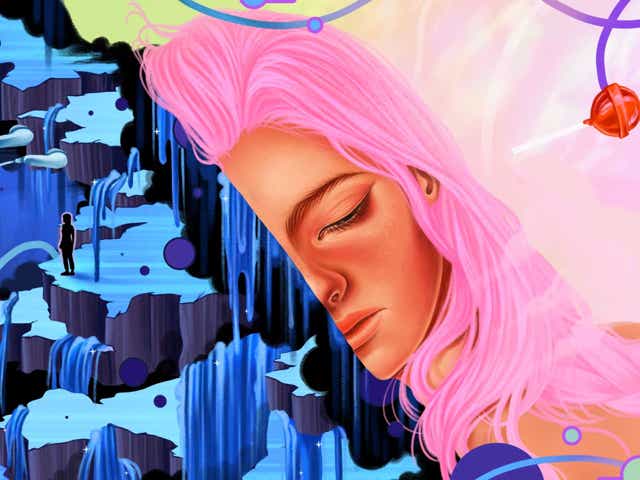Illustration split with half a woman’s face with pink hair and the other half a dark waterfall