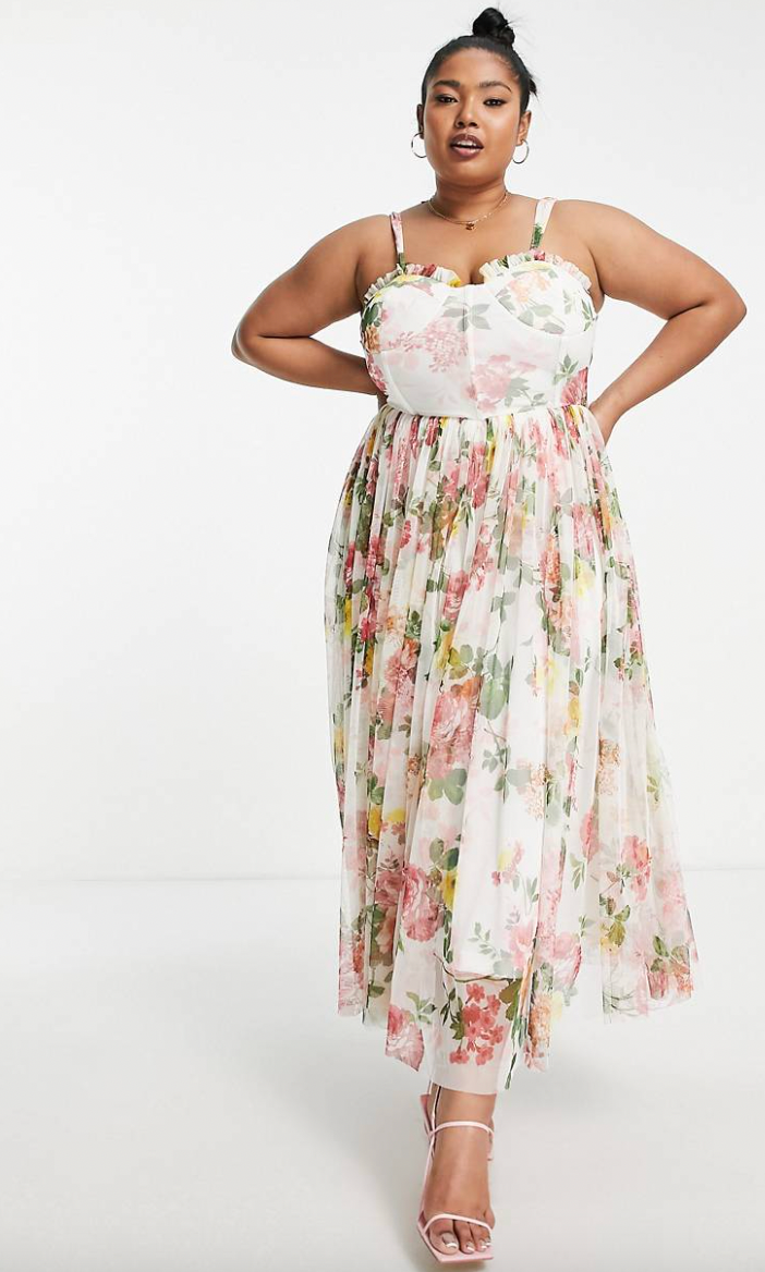 Lace Beads Plus Corset Tulle Midi Dress In Soft Floral