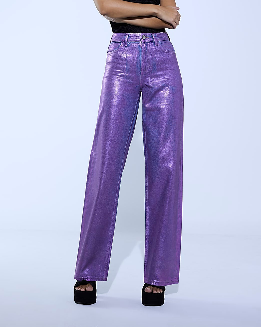 River Island + Purple Coated High Waisted Wide Leg Jeans