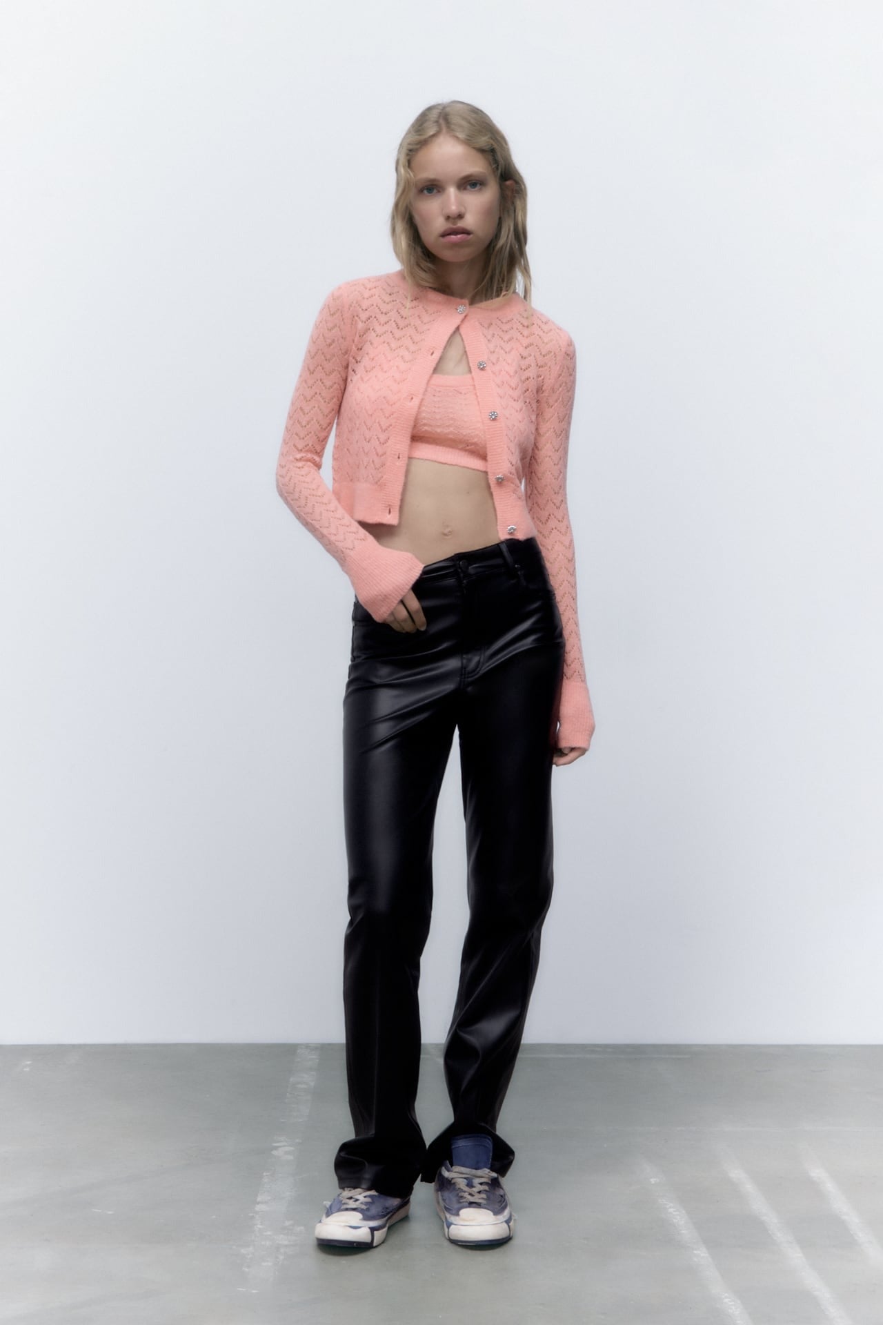 Zara + Pointelle Knit Cardigan With Rhinestone Buttons