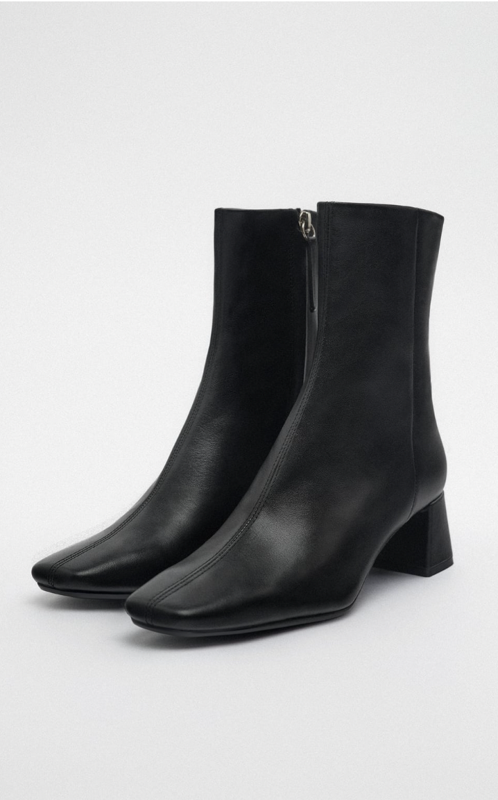 Zara + Block Heel Leather Ankle Boots