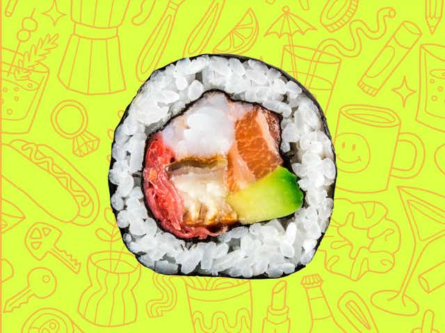 a piece of sushi over a yellow background with orange line drawings of various objects Money Diarists purchase.