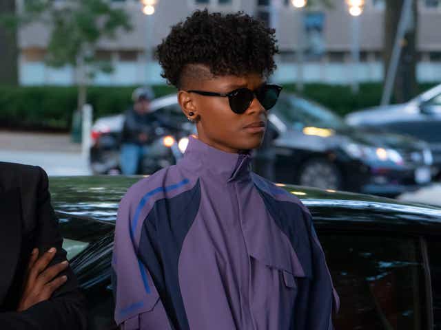 Letitia Wright in purple outfit for Wakanda Forever
