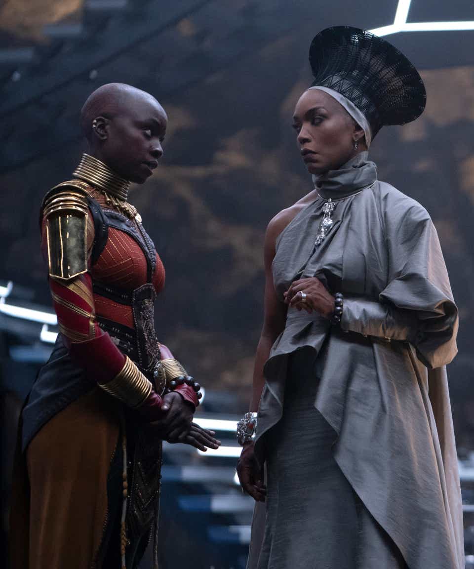 Danai Gurira as Okoye and Angela Bassett as Ramonda in Marvel Studios' BLACK PANTHER: WAKANDA FOREVER