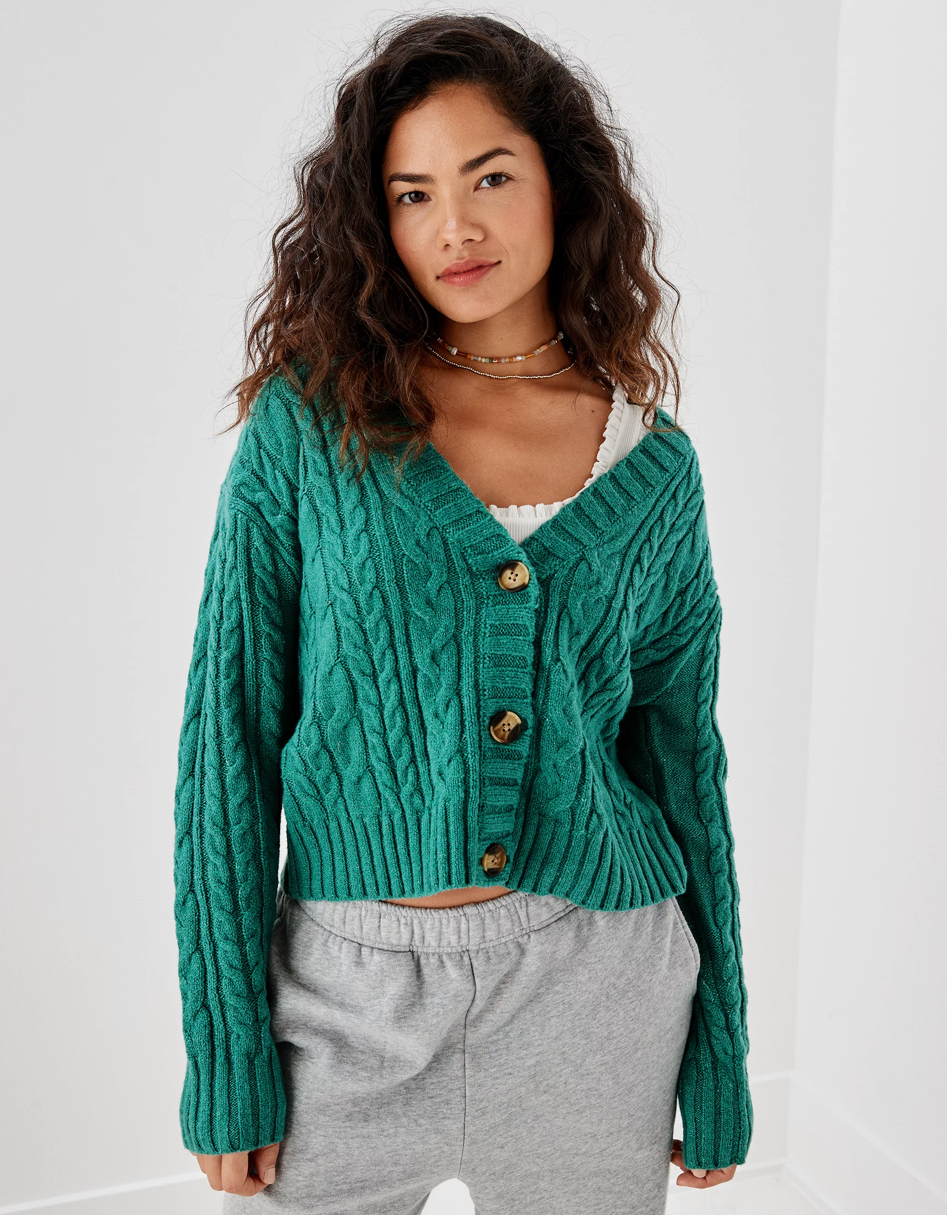 Cropped Cable-Knit Cardigan Sweater for Women