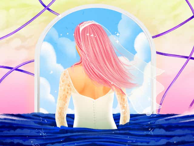 Illustration of a woman with pink hair in a wedding dress looking through an arch with blue sky