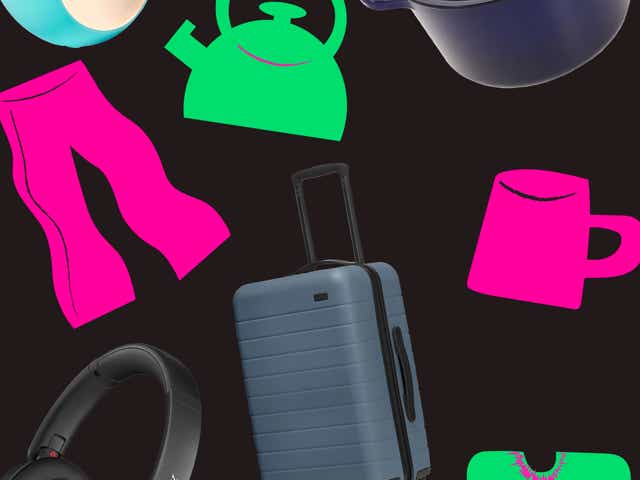 Collage of Away luggage, Sony headphones, LELO toy, etc