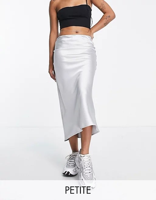 Topshop Petite + Satin Bias Midi Skirt in Silver