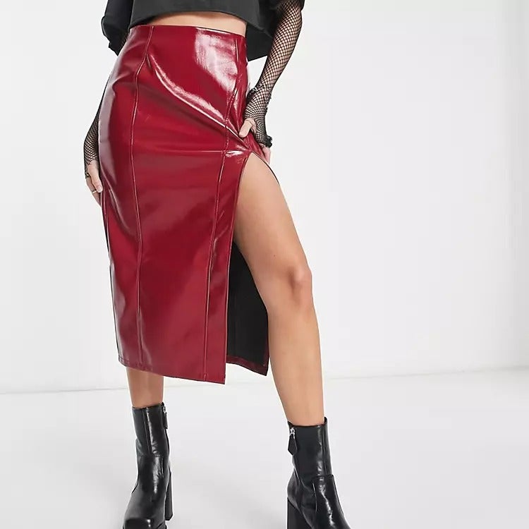 ASOS DESIGN + Petite Vinyl Midi Skirt with Split Detail in Red