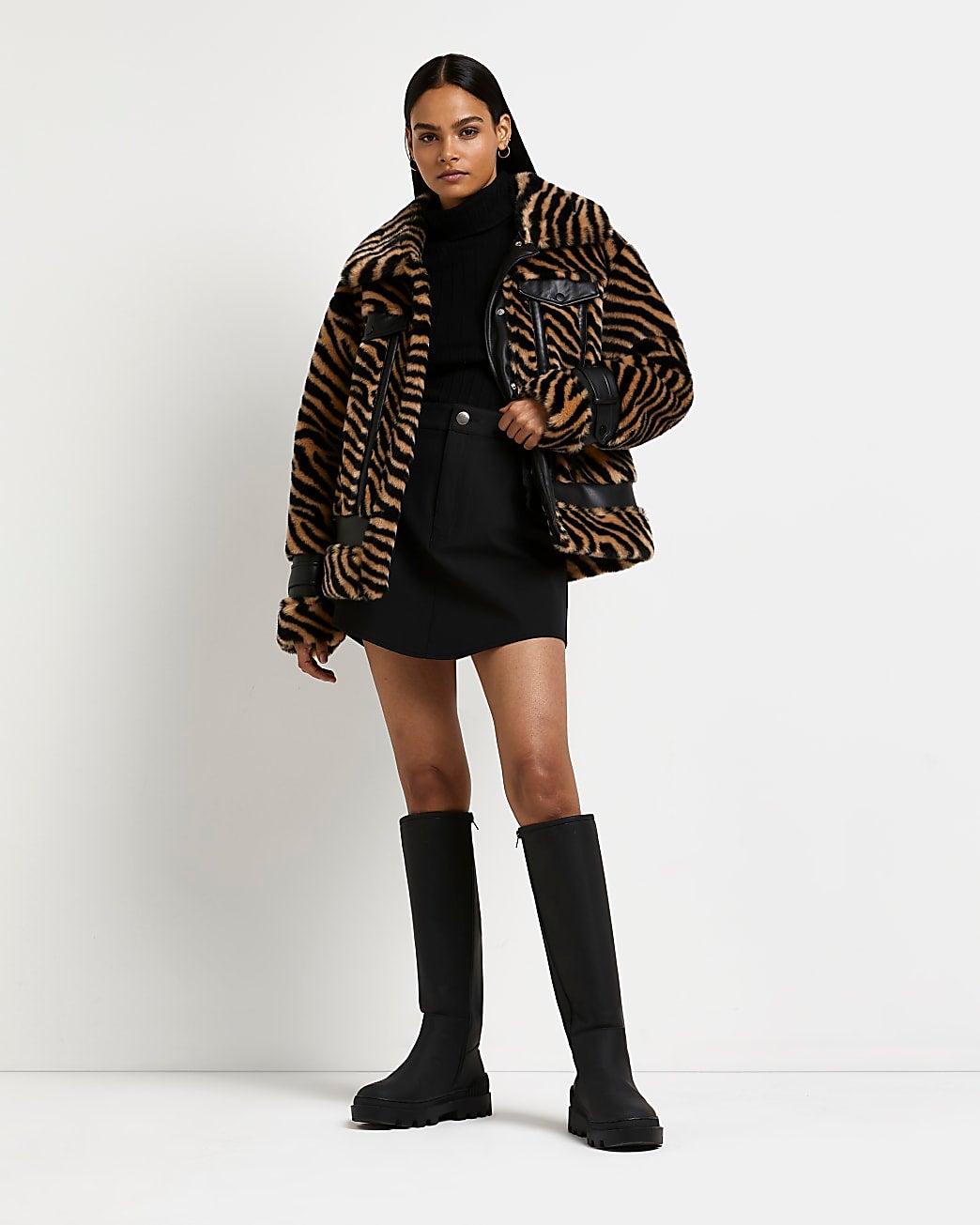 River Island + Animal Print Faux Fur Aviator Coat