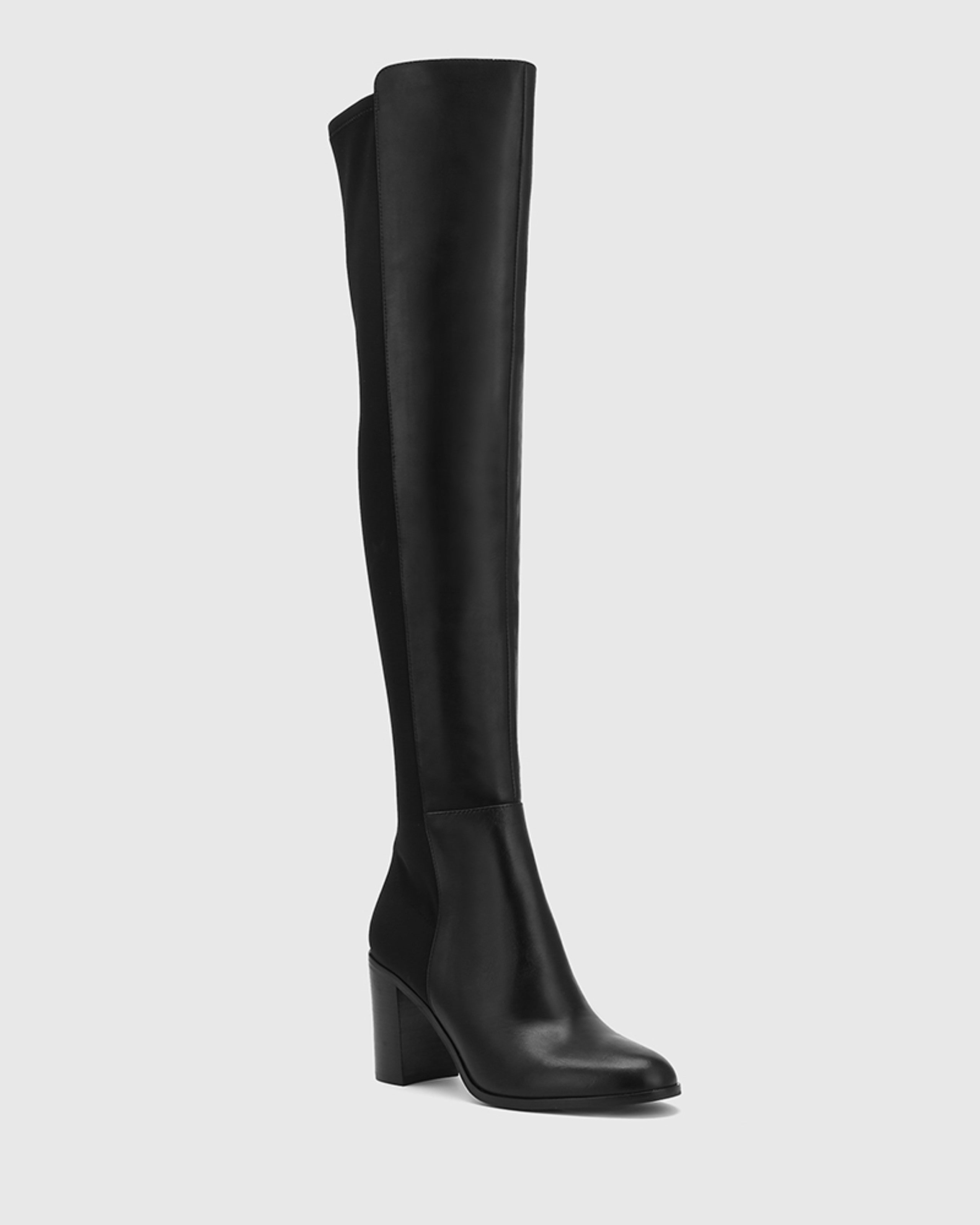 Wittner + Ranen Black Leather and Neoprene Block Heel Over The Knee Boot