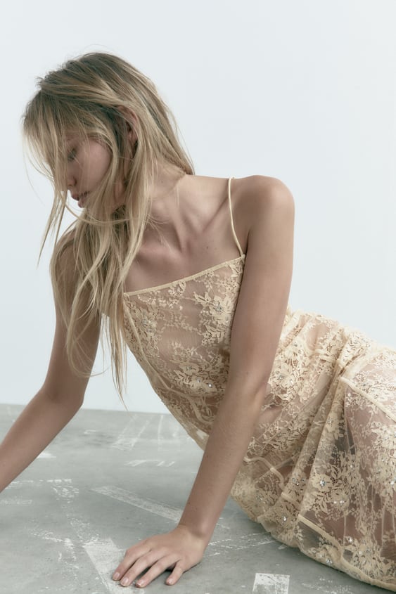 ワンピース Sandra lace dress Beige Lace trim maxi dress white / beige For Women | Sandro Paris