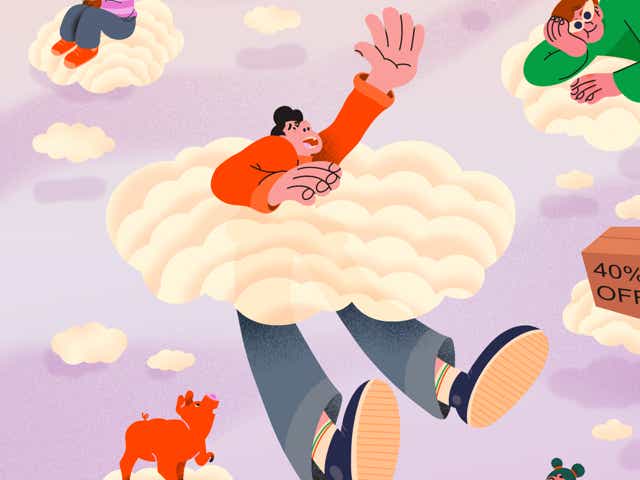 illustration of people, animals, and objects sitting on clouds