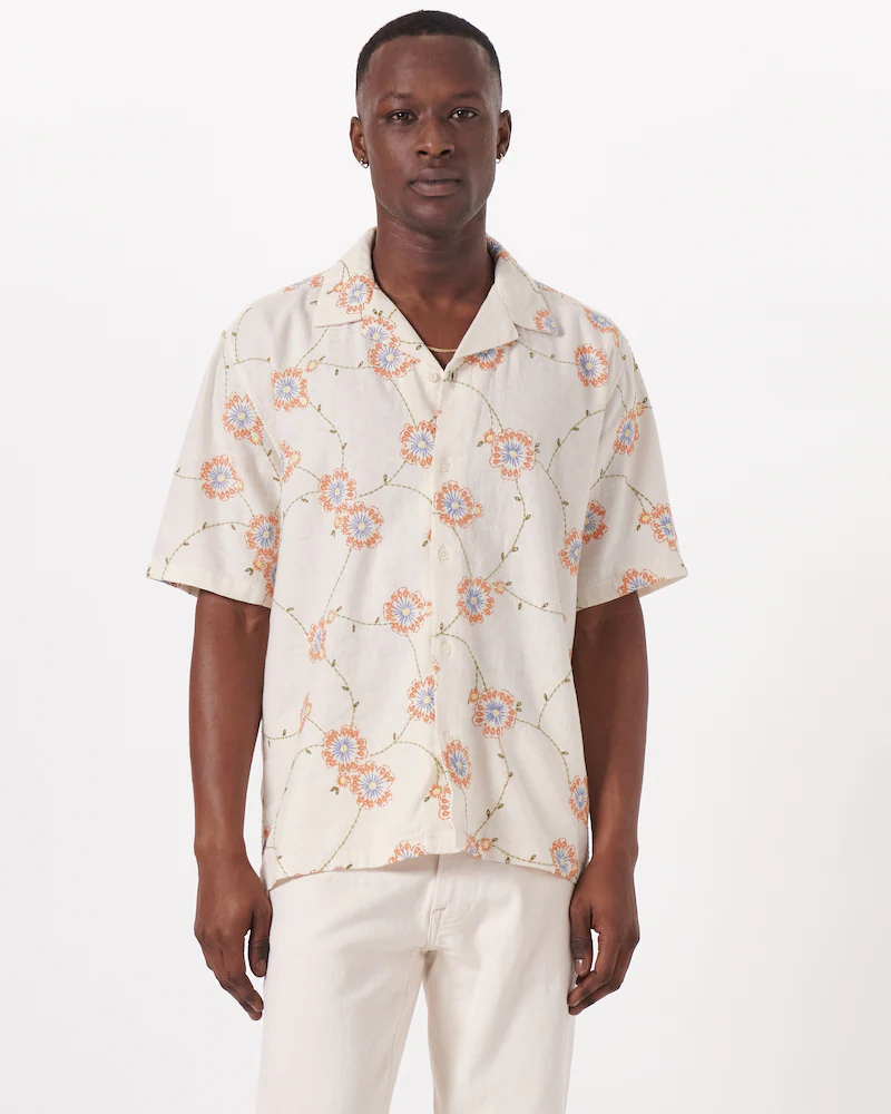 Abercrombie and Fitch + Camp Collar Linen-Blend Embroidered Button-Up Shirt
