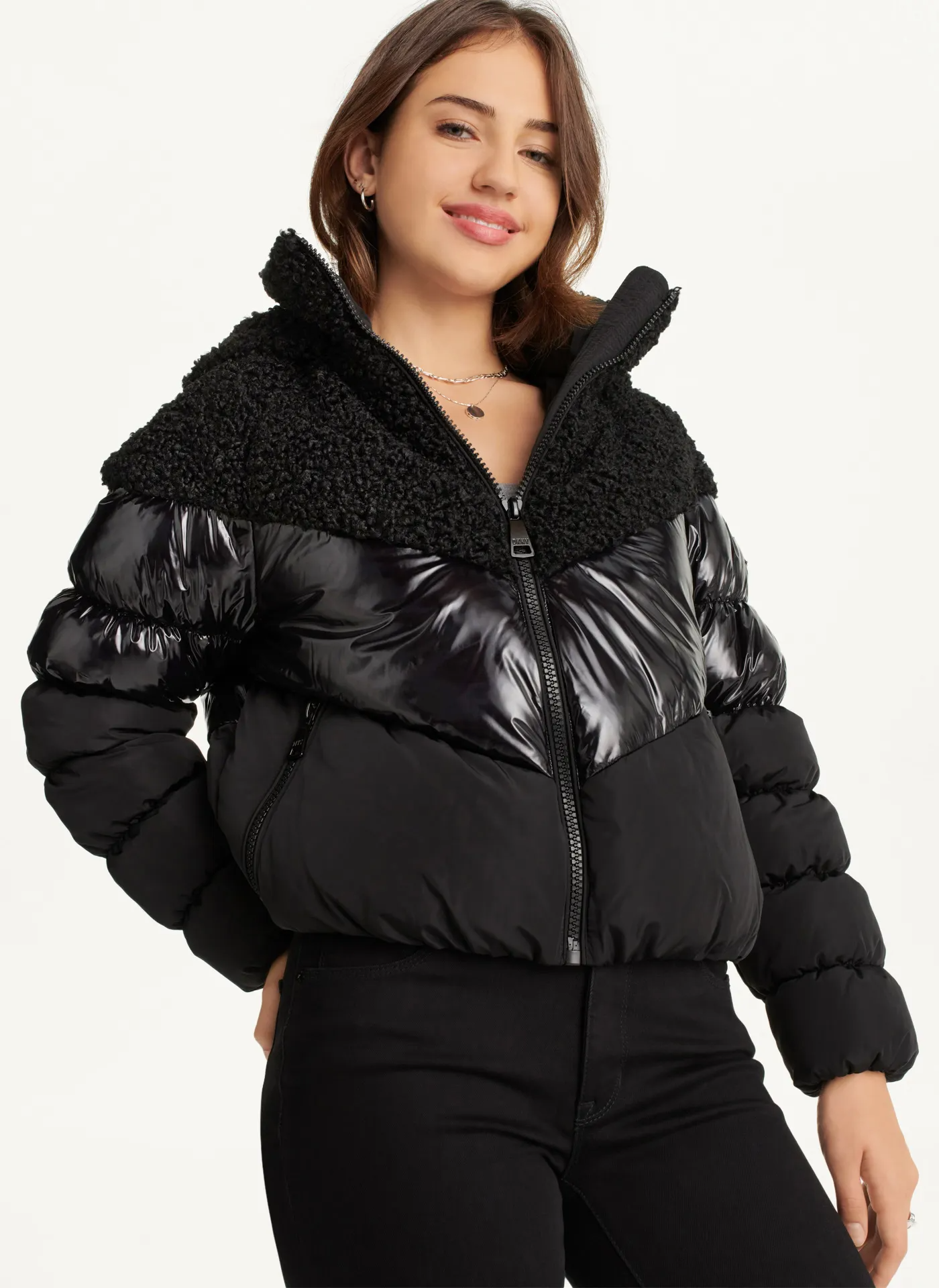 Dkny mixed media puffer coat outlet