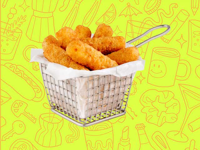 mozzarella sticks over a yellow background with orange line drawings of various objects Money Diarists purchase.