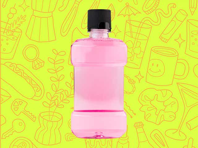mouthwash bottle over a yellow background with orange line drawings of various objects Money Diarists purchase.