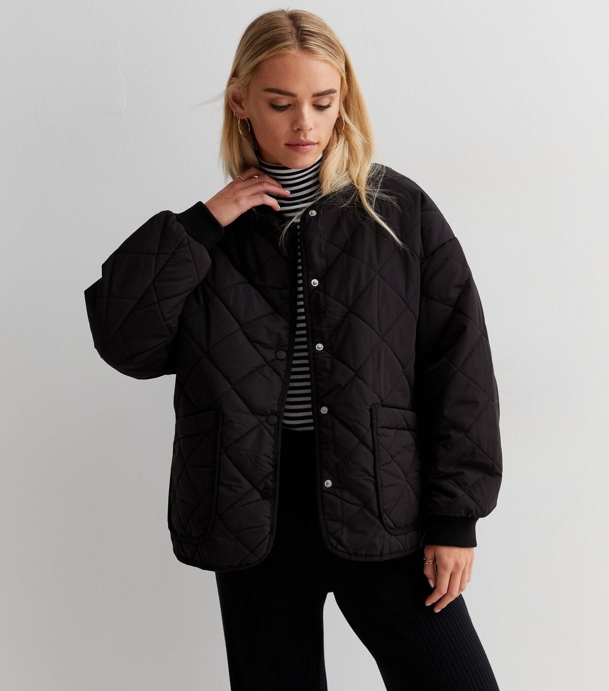 New Look + Petite Black Quilted Collarless Jacket